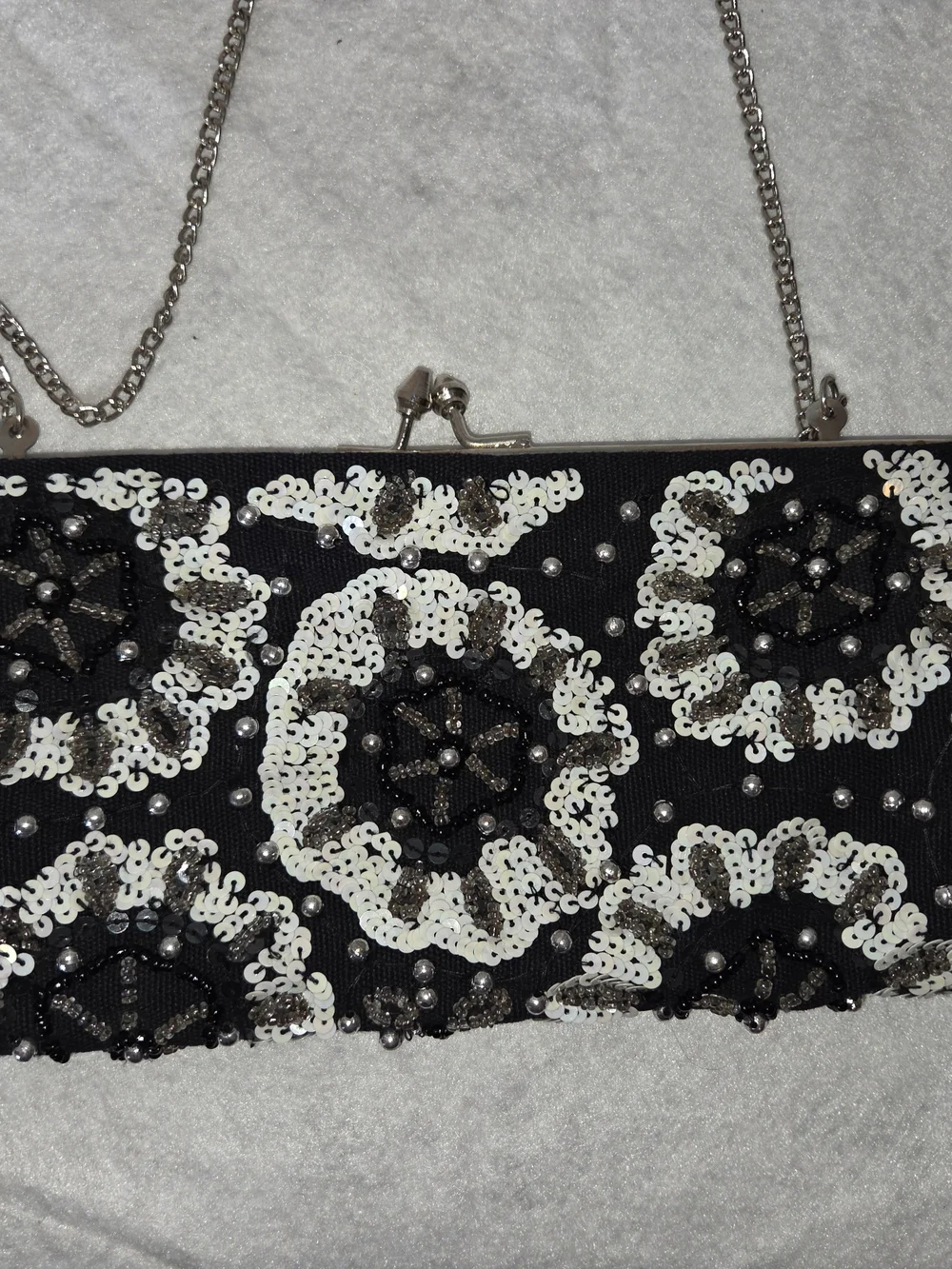 WHBM Black Sequin Beaded Evening Clutch - Chain Strap
